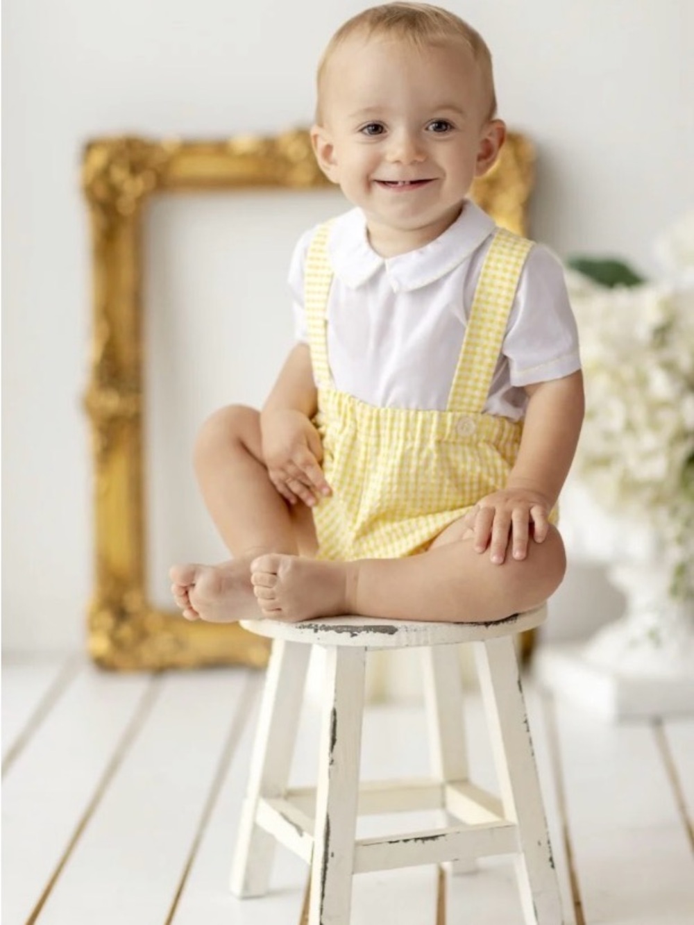 Luli & Me Yellow Gingham Baby Suspender Romper
